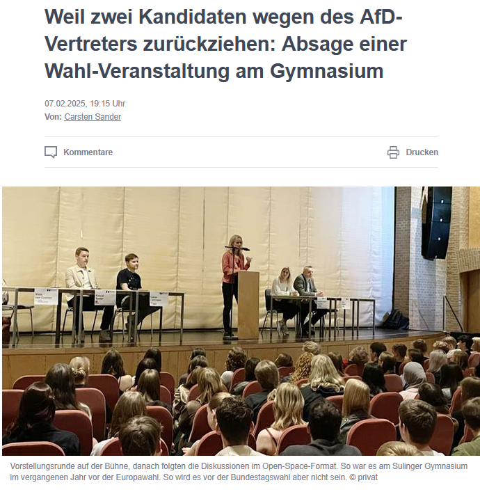 Sektenbeauftr's tweet photo. 1. Ein Gymnasium im niedersächsischen #Sulingen will seiner Neutralitätspflicht nachkommen und lädt die Wahlkreiskandidaten aller Parteien zur Podiumsdiskussion ein.
2. Die Schüler freuen sich erklärtermaßen,...
(1/3)
https://t.co/ZfTXnlpEAj https://t.co/LDnzYRIbUr