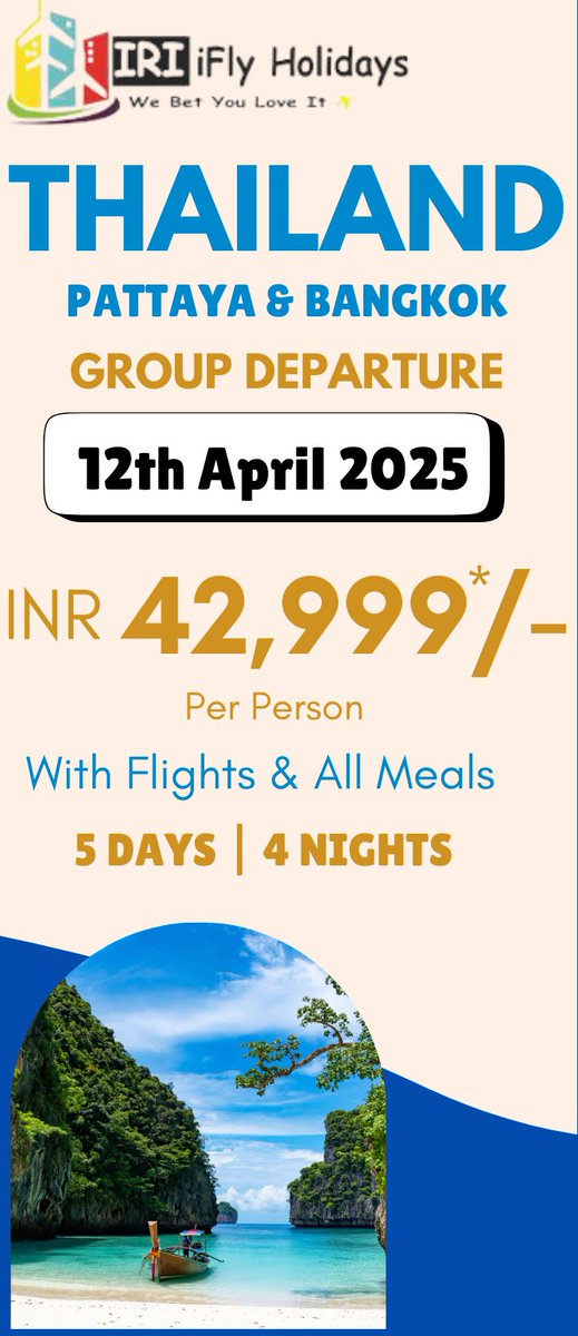 IflyIri's tweet photo. Thailand Group tour available at ₹42,999 per person All inclusive 

#iriiflyholidays #Thailand #grouptrip #Corporate #corporatetrip #tourism #bangkok #pattaya #besttravelagencyinindia #besttravelagencyinbangalore #budgettraveler #vlog #travelvlog #cheap #traveltimes #tourism https://t.co/oG2WGVTo87