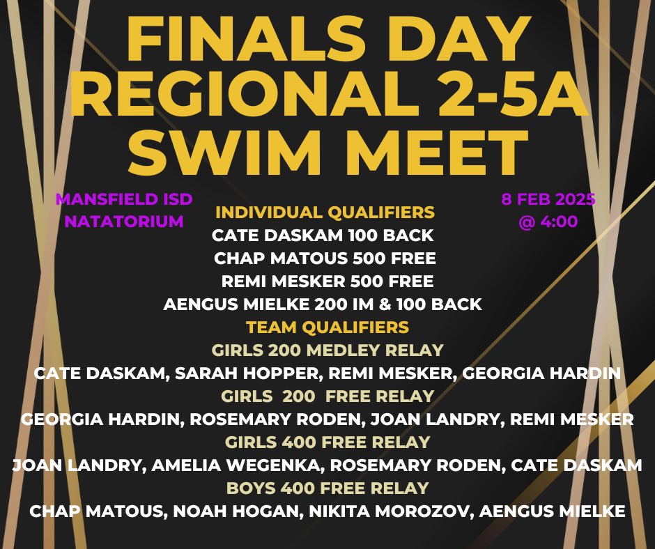 Come out to Mansfield ISD Natatorium as the Denton High School Swim Team FInals Day qualifiers complete their second day of competition.  events.ticketspicket.com/agency/4669ef0…
<a href="/DentonISDSports/">Denton ISD Athletics</a> <a href="/Denton_High/">Denton High School</a> <a href="/Dentonhighstuco/">Dentonhighstuco</a>