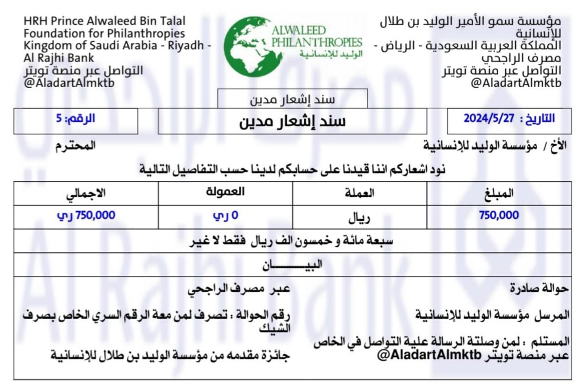 الــــف مـــبروك
حوالة: واردة. لحسابك
من :مؤسسة الوليد الإنسانية 

لـقـد تمت الإشـارة إلــيك وتـم إخـتيــارك من ضـــمن احد المستـفيدين سيـتم مساعدتك بمبـــلغ  750,000.﷼

شـــــروط اسـتلام  الـمـ.ـبـلغ
متابعه 
ريتويت
تغريدة ب تم
وارسل اسمك ورقمك جوالك عبر الخاص