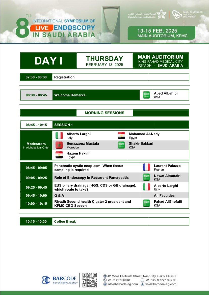 saudiendoscopy's tweet photo. Excited to share the Day 1 schedule of the 8th International Live Endoscopy Conference!

Join us for expert lectures, live endoscopy demonstrations and panel discussions.

📍 KFMC, Riyadh 🗓 Feb 13-15, 2025

Register now: https://t.co/SZoN6lB0w7

#Endoscopy #ARSGE #GITwitter https://t.co/YV43z2FgNV