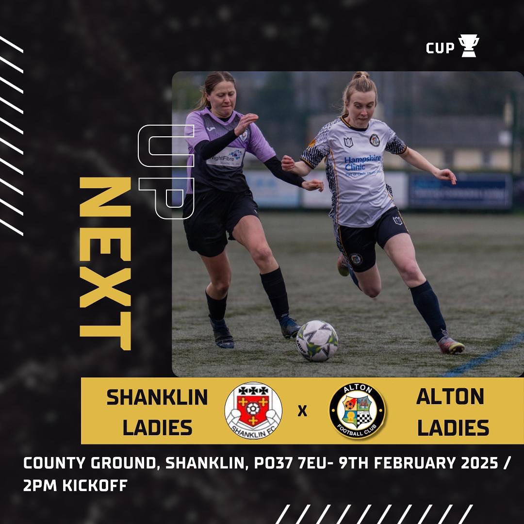 Next up for Alton Ladies First team.  Semi-Final cup action away against Shanklin Ladies First. 

Good luck everyone ⚽️ 

📆 Sunday 9th February 2025
🆚 Shanklin Ladies 1st
🏆Cup 
🕦 2pm KO 
🏟 County Ground, Green Lane, Shanklin, Isle of Wight
📍 PO37 7EU