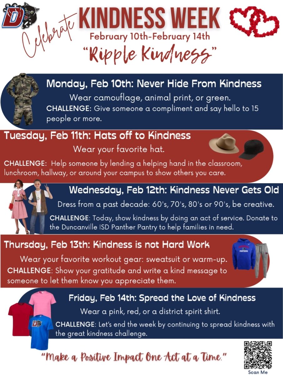 Just a quick reminder that Kindness Week is almost here! Don't forget to participate in our dress-up days and show your support for spreading kindness.

Let’s make it a week full of positivity! We can’t wait to see how everyone embraces these fun dress-up days.