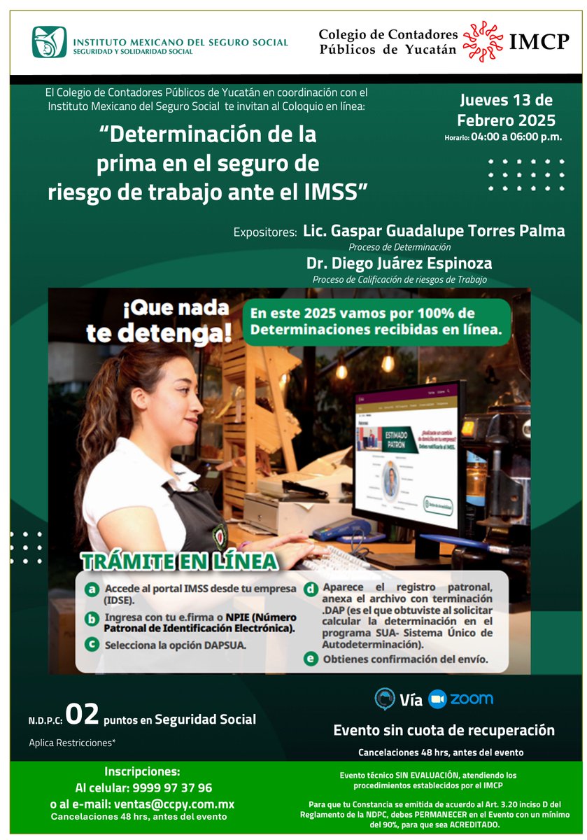 Coloquio en línea: "𝐃𝐞𝐭𝐞𝐫𝐦𝐢𝐧𝐚𝐜𝐢ó𝐧 𝐝𝐞 𝐥𝐚 𝐩𝐫𝐢𝐦𝐚 𝐞𝐧 𝐞𝐥 𝐬𝐞𝐠𝐮𝐫𝐨 𝐝𝐞 𝐫𝐢𝐞𝐬𝐠𝐨 𝐝𝐞 𝐭𝐫𝐚𝐛𝐚𝐣𝐨 𝐚𝐧𝐭𝐞 𝐞𝐥 𝐈𝐌𝐒𝐒", con los expositores Lic. Gaspar Guadalupe Torres Palma y el Dr. Diego Juárez Espinoza.
𝗜𝗻𝘀𝗰𝗿í𝗯𝗲𝘁𝗲 𝗮𝗹: 9999 97 37 96