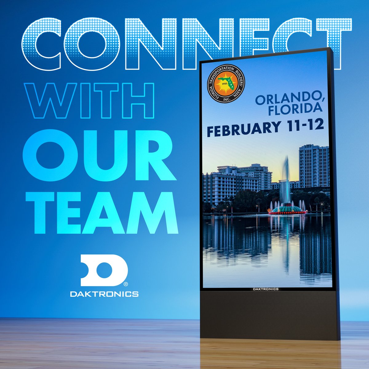 Daktronics's tweet photo. Our team is headed to Florida Transportation Builders Association in Orlando, FL. See our #dvLED digital display demo for #trafficmanagement. https://t.co/FXyRjFa20T #THISisITS https://t.co/ccNCzhaIkr