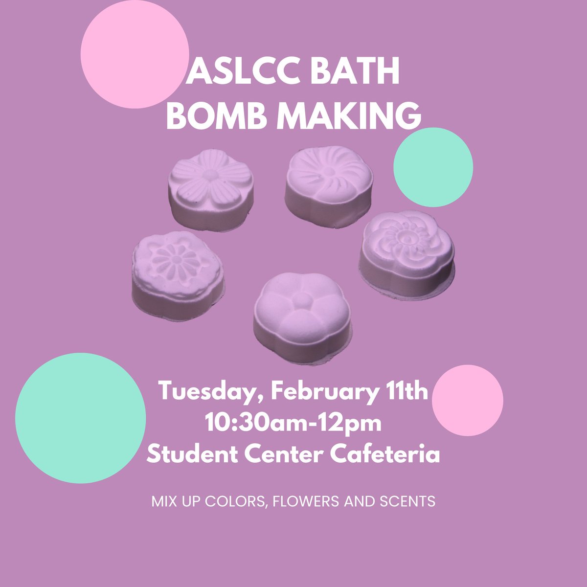 LowerCC's tweet image. Looking for an on campus activity during your break between classes next week? Join ASLCC on Tuesday, February 11th, at the Student Center from 10:30am-12pm to mix your own custom colors and scents for homemade Bath Bombs. #ASLCC #LCCevents #LowerColumbiaCollege #LowerCC