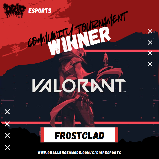 Drip_Esports_'s tweet photo. Today's #VALORANT Tournament Winner: FROSTCLAD!
Join our tournaments for free: https://t.co/p8hK6bxHkm
#tournament #Esports #GamingCommunity #GamingNews #DRIP #challengermode #WINNER #1stplace #CommunityEngagement #Discord https://t.co/oN7He0oVGa