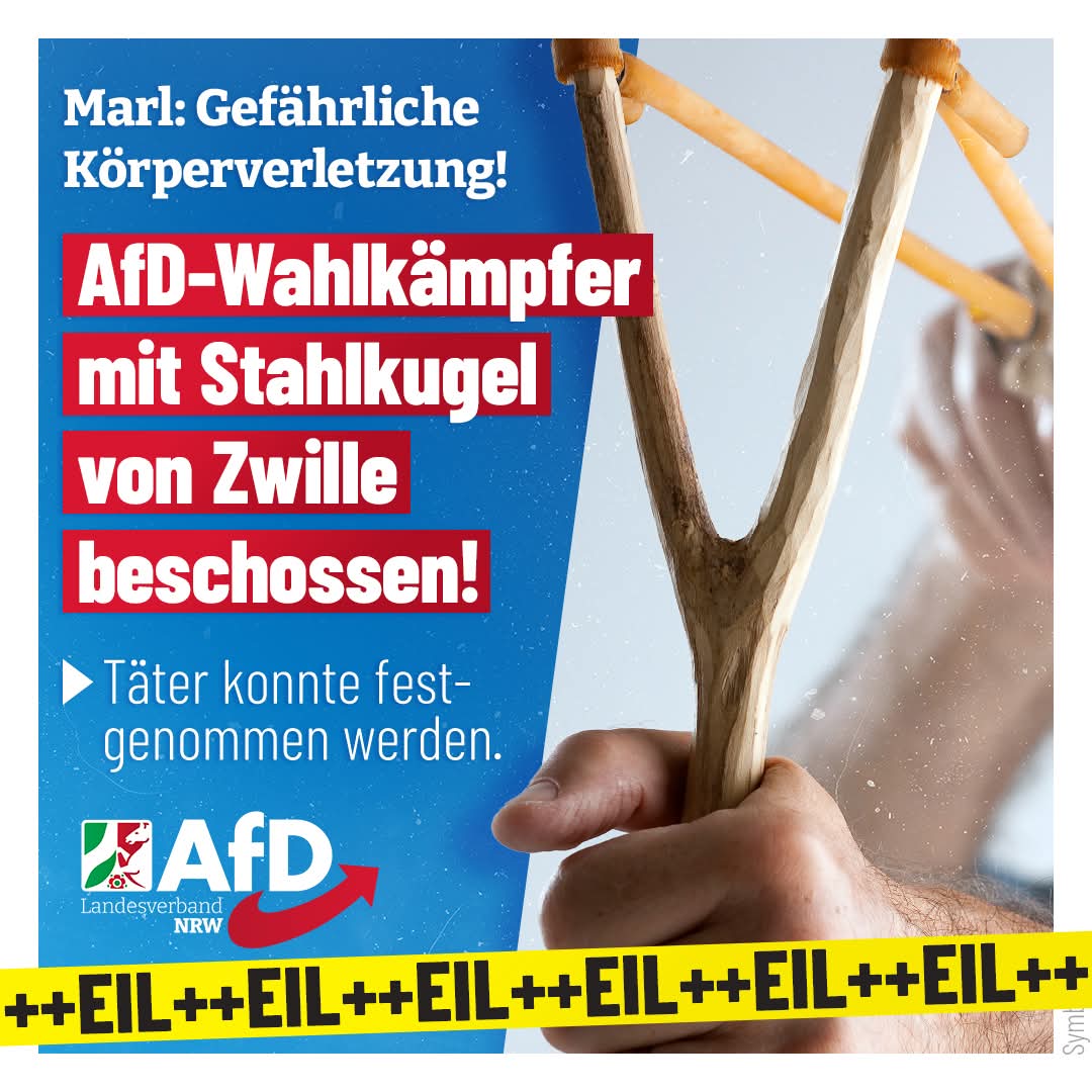 ++ Angriff auf #AfD-Wahlkämpfer mit Zwille! ++

@KayGottschalk1, stellvertretender AfD-Bundessprecher und Spitzenkandidat der AfD NRW, zeigt sich erschüttert ob des brutalen Angriffs mit einer Zwille auf ein AfD-Mitglied in Marl (NRW):

„Die Hetze der anderen Parteien zeigt