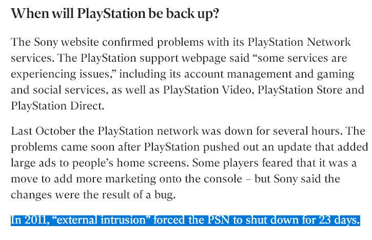 ElDuderinoGG's tweet photo. Oh, hey Playstation fans. I see the Playstation network is... still down.

...I just want to remind you that back in 2011 when the PS network was hacked - it was down for 23 days.

Toodles. https://t.co/9NTLnSXzTZ