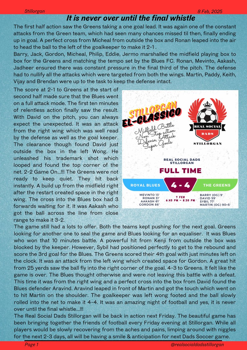 Grassroots football: It's been a while since I had written the last match report for the weekly Friday football action which happens at Stillorgan, Dublin. This week's game definitely deserved a report . Real Social Dads Stillorgan. <a href="/FAIreland/">FAIreland</a> <a href="/McDonnellDan/">Daniel McDonnell</a>
