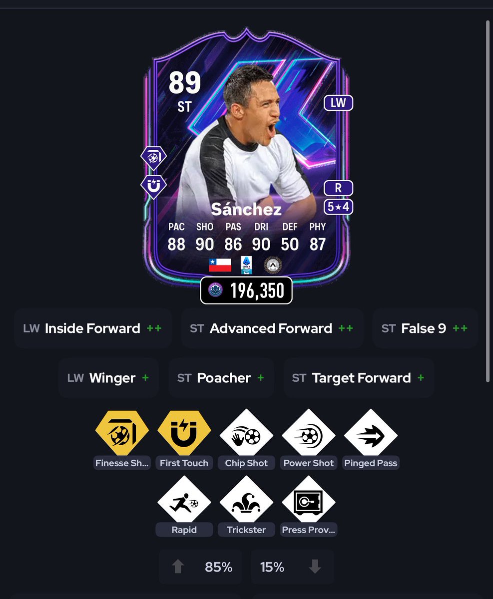 5\4, tiro de calidad plus con 91 de efecto,
Buena agilidad y, aunque algo lento, tiene el regate veloz. Por 190k no lo veo mala opción para MCO / Falso 9.