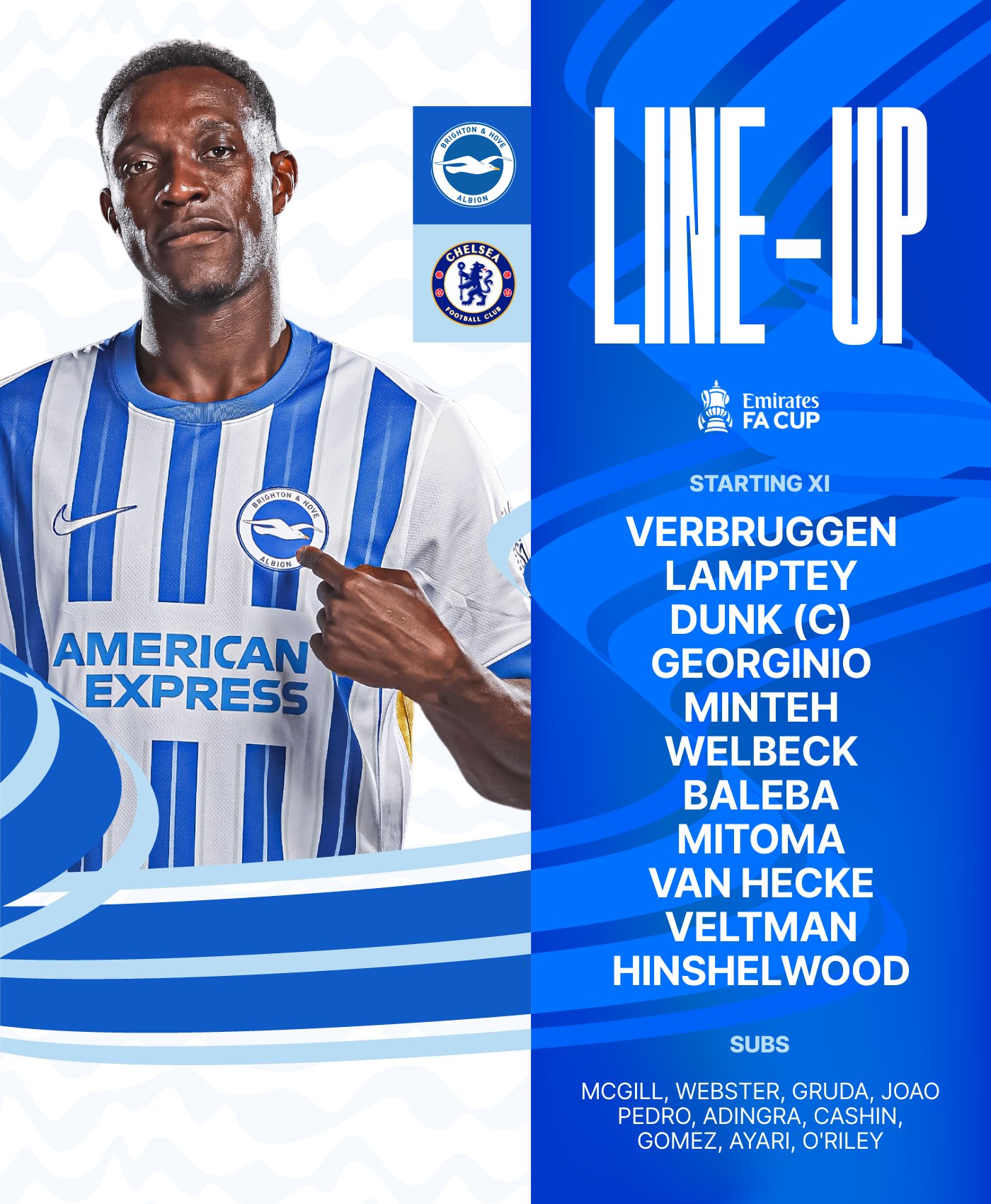 Albion v Chelsea starting XI featuring Welbz in our home kit: Verbruggen, Lamptey, Dunk (C), Georginio, Minteh, Welbeck, Baleba, Mitoma, van Hecke, Veltman, Hinshelwood.Subs: McGill, Webster, Gruda, Joao Pedro, Adingra, Cashin, Gomez, Ayari, O'Riley. Come on Albion!