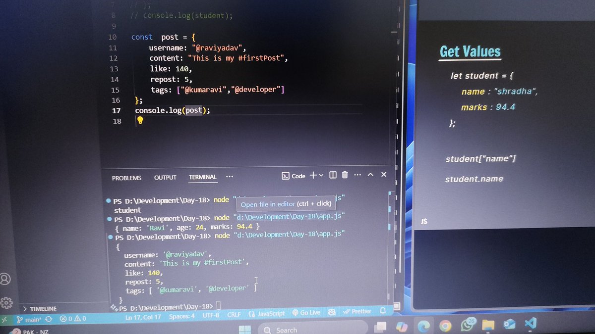 🚀 #Day22 of my #Dev Journey 🚀

Today, I’m diving deep into JavaScript Objects!

Objects are a cornerstone of JavaScript and essential for building real-world applications. They allow us to store collections of data and more complex entities. With key-value pairs, objects help.