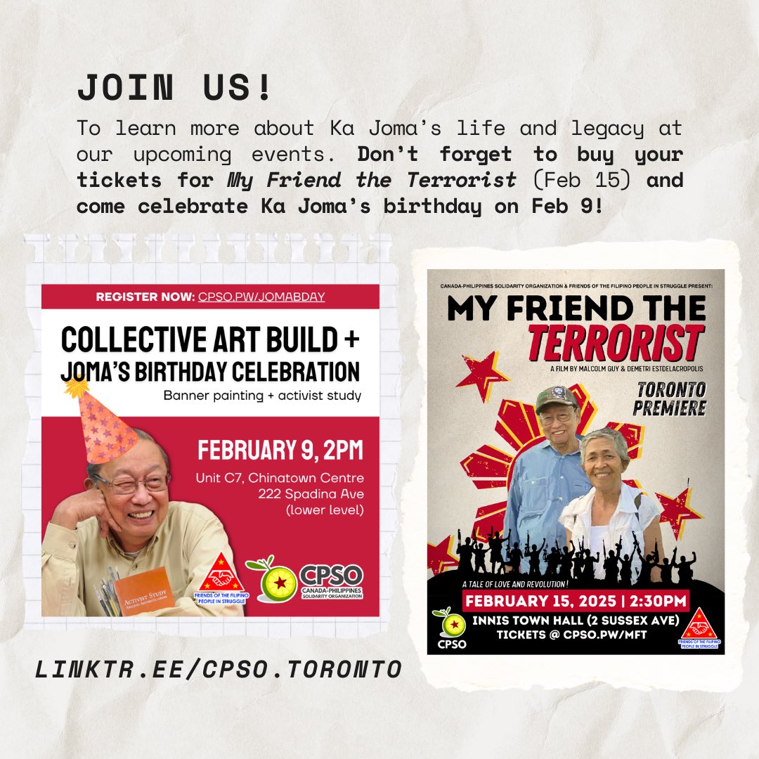 CPSOToronto's tweet photo. If you simply love movies or just want to learn more about the Philippine revolution and Ka Joma’s life, join us for My Friend the Terrorist on Feb 15 at Innis Hall 🎟️ Get your tickets now https://t.co/YHYnhCz8dv https://t.co/CXzbdfvqjJ