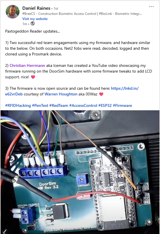 herrmann1001's tweet image. @DanielRaines dropping some stats.

Two red team engagements successful,   dang!

#weaponized #rfidhacking #accesscontrol  #paxton