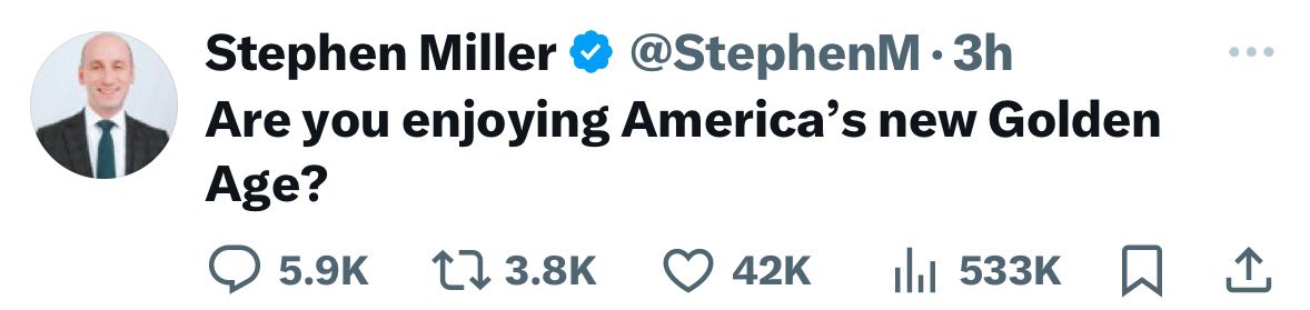 MeidasTouch's tweet photo. Does “Golden Age” refer to a time when planes keep falling out of the sky, eggs cost $10–15 a dozen, the U.S. is being booed and protested by all our allies, workers are losing their jobs, and Americans’ personal data is being rummaged through by unelected oligarchs and their strange crew of 20-something incels?