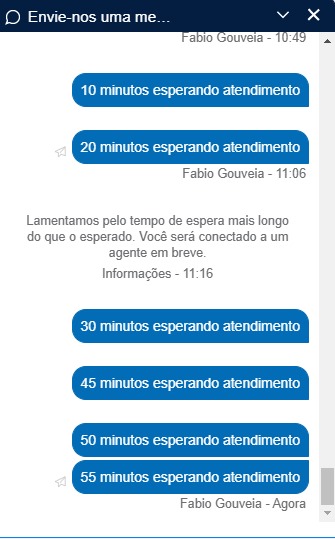 Fiquei duas horas esperando e como esqueci de digitar a cada 10 que estava esperando o meu atendimento foi cancelado. <a href="/azulinhasaereas/">Azul Linhas Aéreas</a> é isso. No Instagram não atendem também. Aqui dizem para ir para o Instagram. Palhaçada!