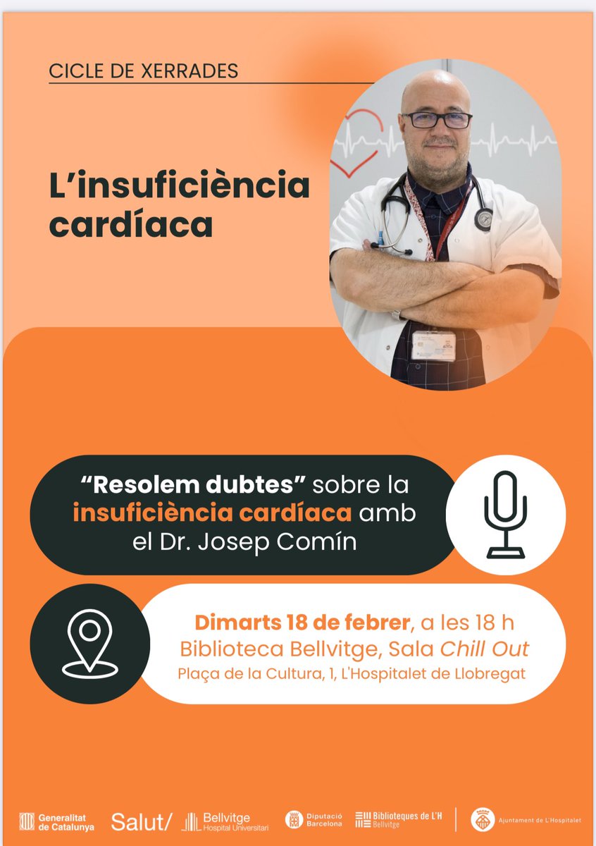 📢 Cicle de xerrades: Resolem dubtes sobre insuficiència cardíaca amb el Dr. Josep Comín 
📅 18 de febrer
⌚ 18h
📍 <a href="/BiblioBellvitge/">Biblioteca Bellvitge</a>
🫀 La insuficiència cardíaca és una malaltia crònica, en el transcurs de la qual podeu passar per fases en què estigueu estable i per altres en què