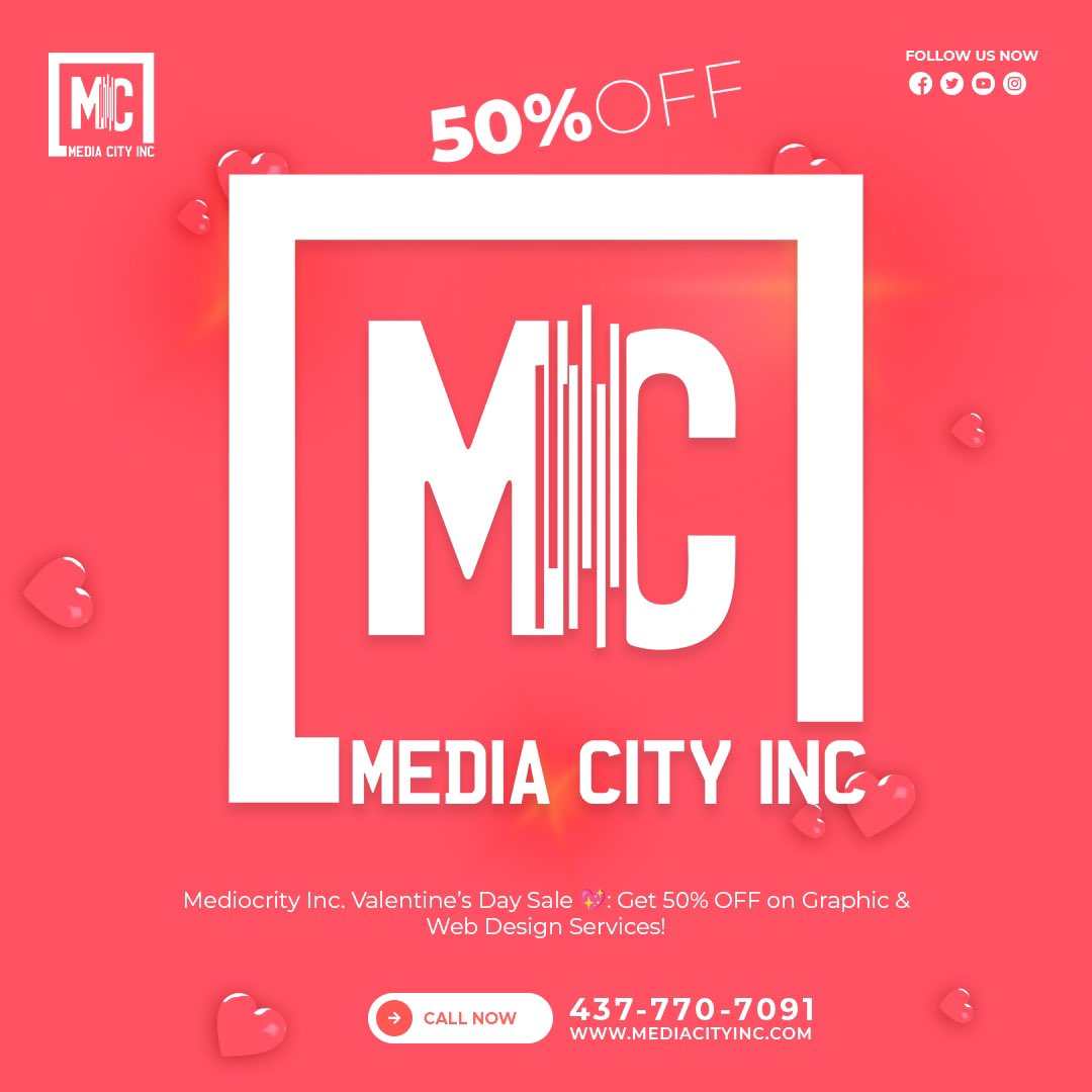 Mediacityinc's tweet photo. 💖 Mediacity Inc. Valentine’s Day Sale! 💖
Get 50% OFF on Graphic &amp; Web Design Services for 49 hours only!

📅 Limited Time Offer – Act Fast!
📩 Contact us now to grab this deal! https://t.co/gvaBD9QGSS