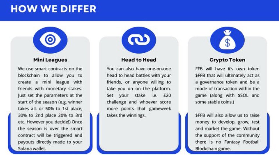 ⚽️ Fantasy Football Blockchain ⚽️ 

⚡️ The greatest #FPL game coming to you soon!

💰 Win prizes, play against friends and make money from your passion!

🥇Create mini leagues, have head to head battles and win NFTs

#PremierLeague #FantasyFootball #FantasyPremierLeague #EPL