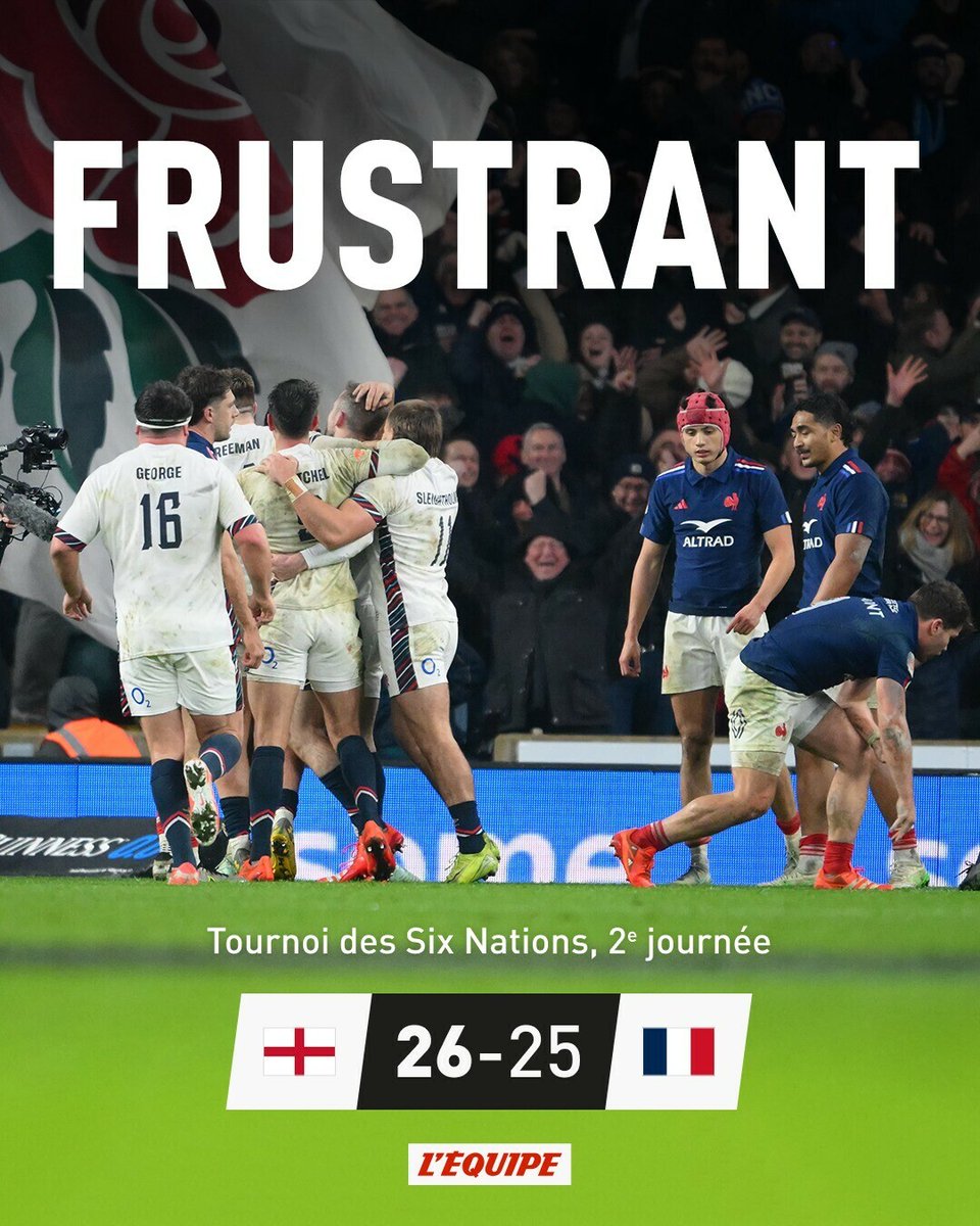 Huit jours après son large succès contre le pays de Galles (43-0) en ouverture du Tournoi des 6 Nations, l'équipe de France a été battue d'un point ce samedi à Twickenham (25-26).

➡️ l.lequipe.fr/Vqt

#ANGFRA