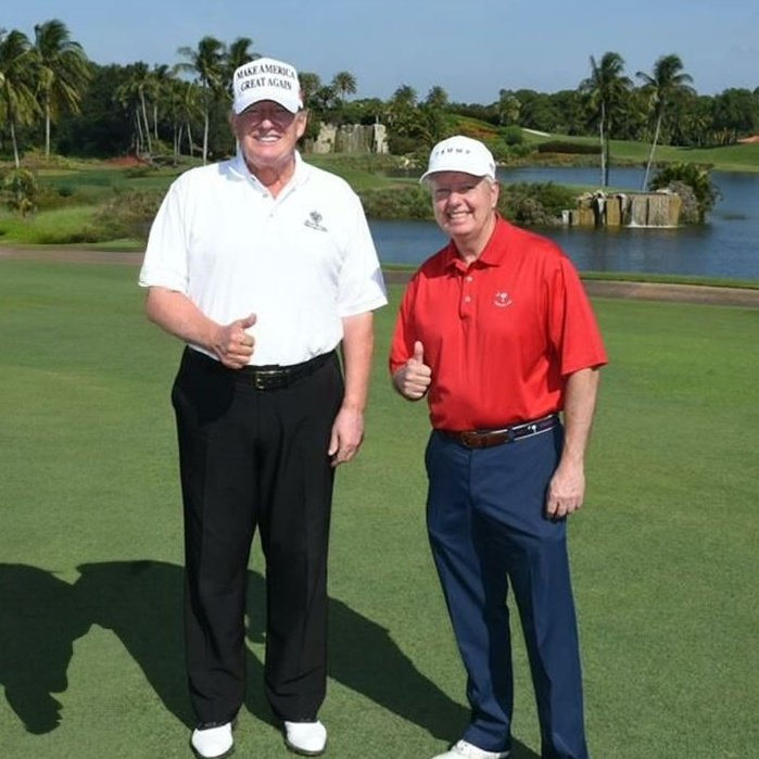 🚨 UPDATE: Instead of doing his job, Donald Trump is back in Florida, wasting taxpayer dollars to golf with his loyal lapdog, Lindsey Graham.

Trump has now spent a staggering 47% of his presidency on vacation. The laziest "president" in U.S. history.