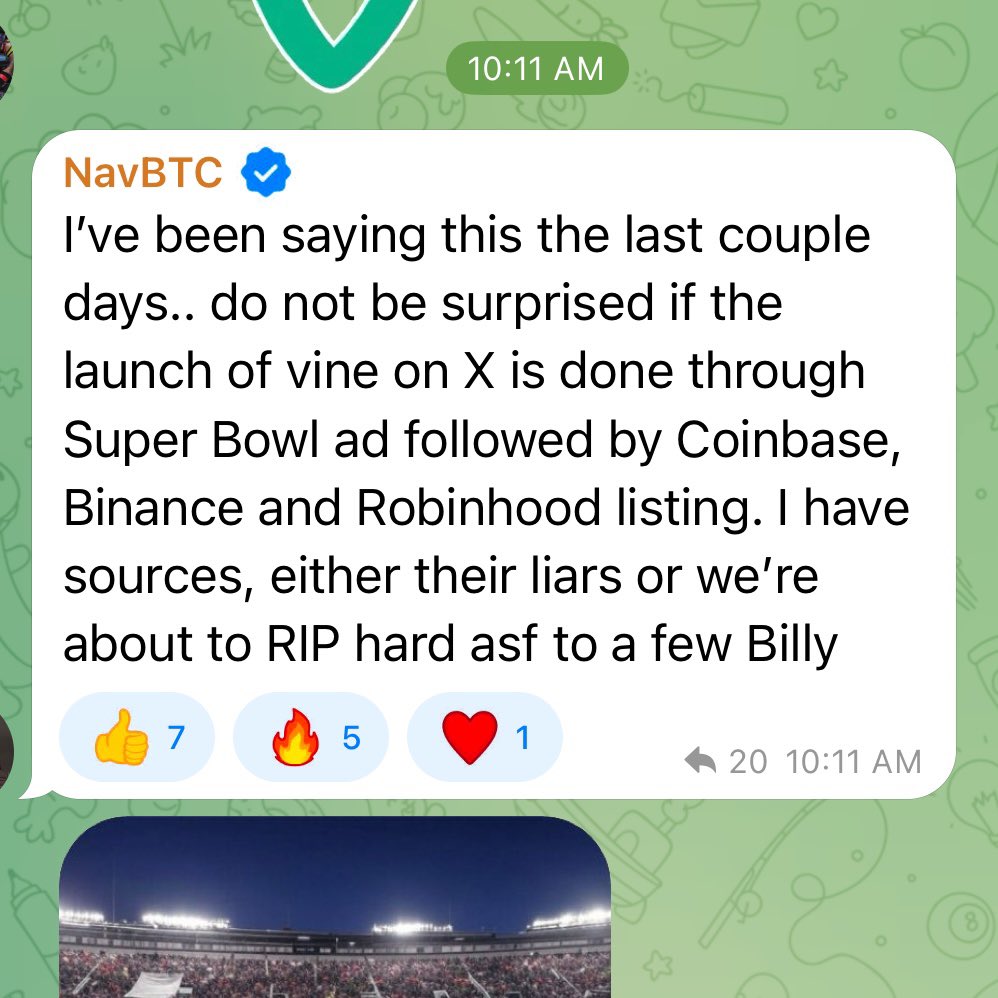 ChrisyFrmBLOCKS's tweet photo. Is this a rumor or trumor ..?! 

#Vine to launch on @X during #SuperBowlLIX through and #Ad followed by a @coinbase @binance @RobinhoodApp listing?? 

Thoughts??? Tell me below 👇🏻 

Do it for the $Vine https://t.co/nuZK6uh589