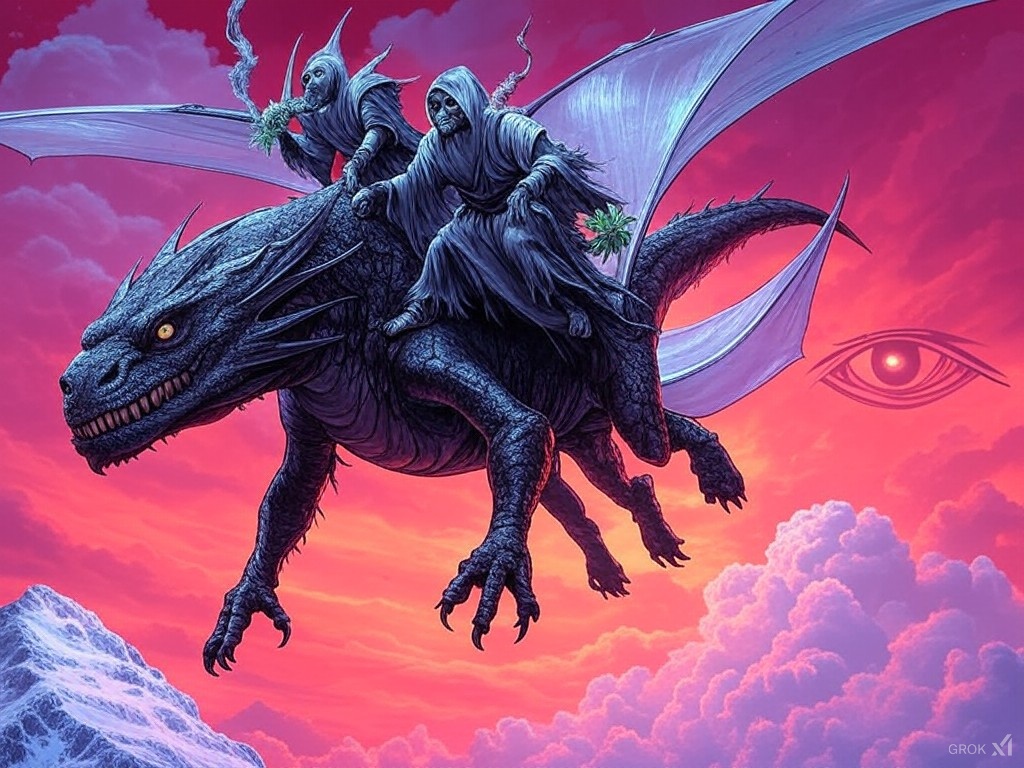 Ride the dragon toward the crimson eye
Flap the wings under Mars' red sky
The reptile pushes itself out into space
Leaving behind the human race

Image by <a href="/grok/">Grok</a>
