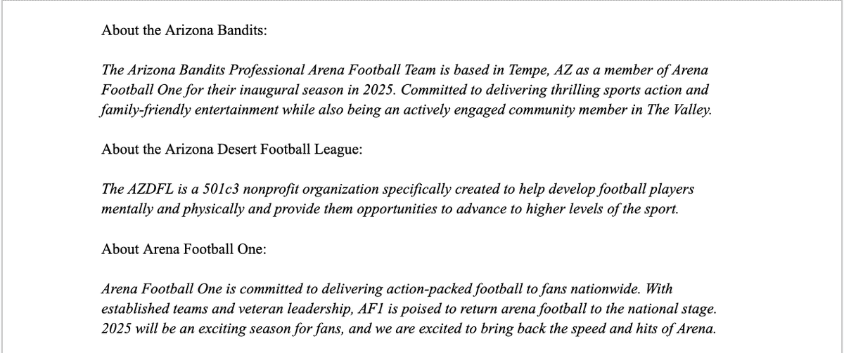 The Arizona Bandits announce a strategic partnership with the Arizona Desert Football League to create a player pipeline for upcoming talent for 2025 and beyond.

Our team is proud to have signed several talents from the AZDFL, and we look forward to future collaboration!
