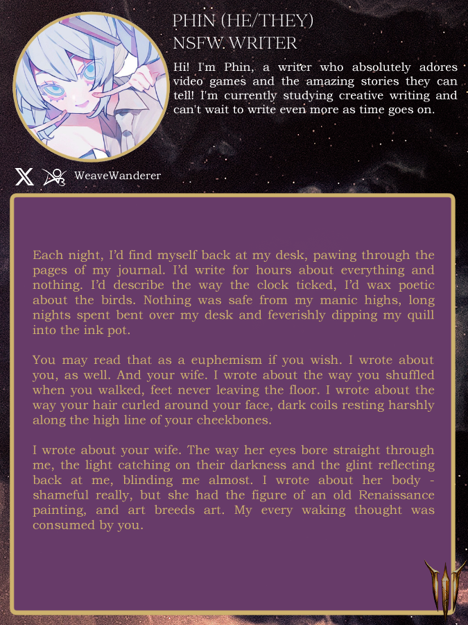 lastlightinn's tweet photo. 💜Echoes of  Devotion - Contributor Spotlight💜

We're so happy to be working with @WeaveWanderer  for this project as one of our NSFW writers!

#bg3 https://t.co/FbSJY4Ibwu