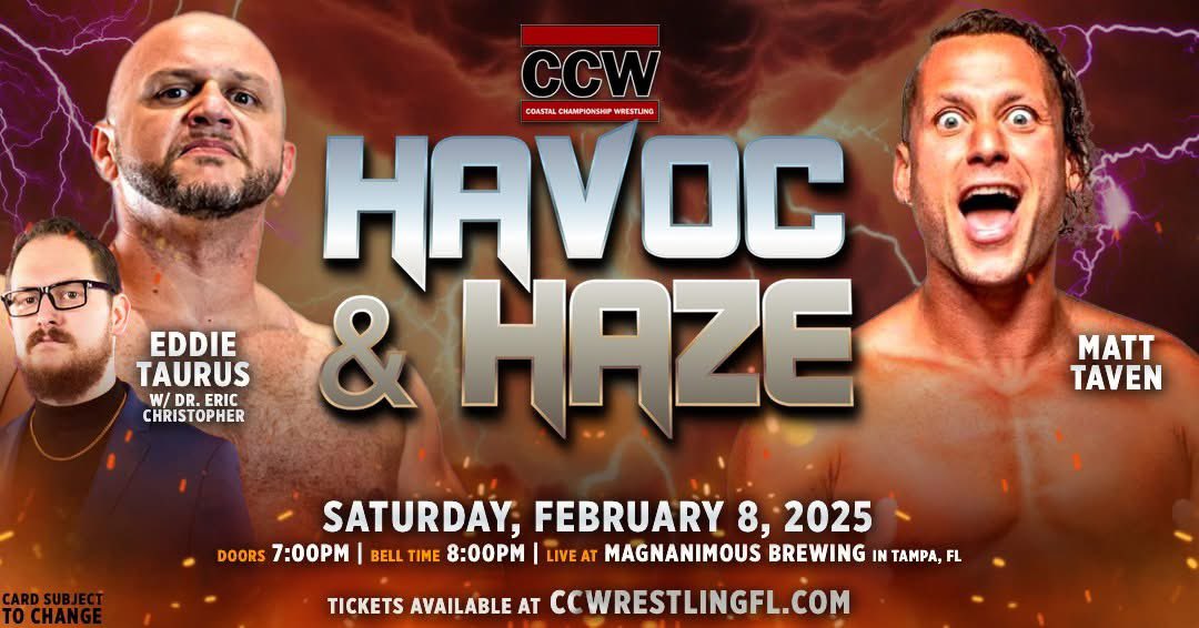 CCWAliveTV's tweet photo. TONIGHT IN TAMPA!

Huge matches coming your way at HAVOC &amp; HAZE 10:

• Stallion Rogers v. Dirty Devin Diaz
• Ricky Martinez v. Rich Swann
• Matt Taven v. Eddie Taurus w/ Dr. Eric Christopher
• Jackal Stevens v. Danny Briggs
+ much more!

🎟️ Tickets: https://t.co/Y1Y1bIz0Uz https://t.co/7EyMDoaKDM