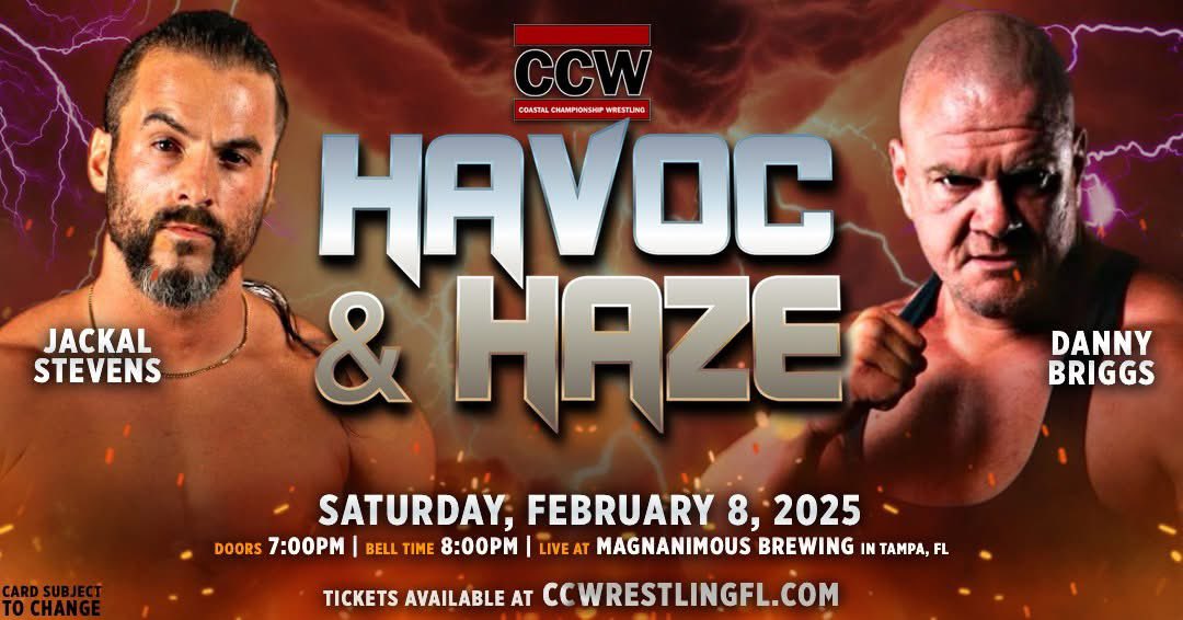 CCWAliveTV's tweet photo. TONIGHT IN TAMPA!

Huge matches coming your way at HAVOC &amp; HAZE 10:

• Stallion Rogers v. Dirty Devin Diaz
• Ricky Martinez v. Rich Swann
• Matt Taven v. Eddie Taurus w/ Dr. Eric Christopher
• Jackal Stevens v. Danny Briggs
+ much more!

🎟️ Tickets: https://t.co/Y1Y1bIz0Uz https://t.co/7EyMDoaKDM