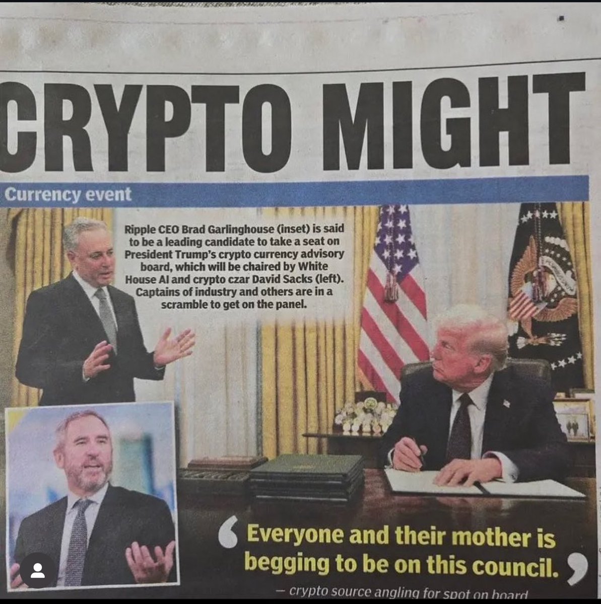 🚨BREAKING: $XRP Ripple CEO <a href="/bgarlinghouse/">Brad Garlinghouse</a> was featured in yesterday's New York Times.

Rumors say that he will be appointed as an advisor to the White House Crypto Council. 

He had dinner with Trump a few weeks ago, What do you think they discussed? 

Comment👇🏽 #xrpnews #ripple