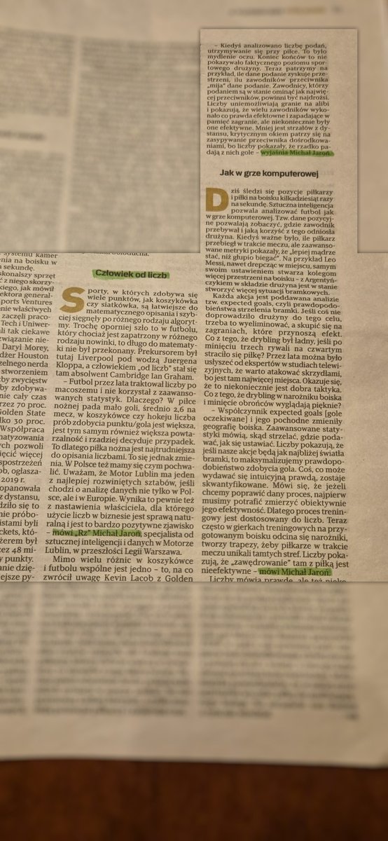 Michał Jaroń (@jaron_michal) on Twitter photo 📢 Zapraszam do lektury Magazynu „Plus Minus” <a href="/rzeczpospolita/">Rzeczpospolita</a> , w którym opowiadam o tym, jak sztuczna inteligencja🤖 zmienia piłkę nożną⚽️.
Jest też wzmianka o <a href="/MotorLublin/">Motor Lublin</a>  ! 🟡⚪🔵
Dziękuję <a href="/LukMajchrzyk/">Lukasz Majchrzyk</a> za rozmowę - jak zawsze przyjemność 🔝😊 📢 Zapraszam do lektury Magazynu „Plus Minus” <a href="/rzeczpospolita/">Rzeczpospolita</a> , w którym opowiadam o tym, jak sztuczna inteligencja🤖 zmienia piłkę nożną⚽️.
Jest też wzmianka o <a href="/MotorLublin/">Motor Lublin</a>  ! 🟡⚪🔵
Dziękuję <a href="/LukMajchrzyk/">Lukasz Majchrzyk</a> za rozmowę - jak zawsze przyjemność 🔝😊