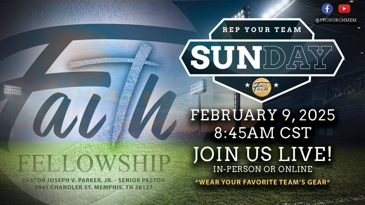 FFChurchMem's tweet photo. Meet us @ffchurchmem this upcoming Sunday for REP YOUR TEAM SUNDAY! Wear your favorite team’s paraphernalia and worship Jesus with us. Prayer begins at 8:45am CST followed by a powerful worship encounter at 9am CST 

#RepYourTeam
#FFChurchMEM 
 #NoFearYesFaith https://t.co/KvM3hjlIp5