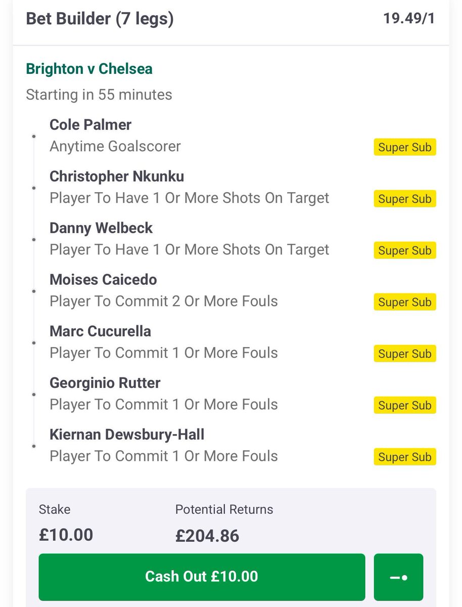 FootyAccums's tweet image. BRIGHTON VS CHELSEA BET BUILDER!!!!

Link to bet-slip 👇
footyaccums.bet/BRIvCHESSUB080…

EVERY selection is covered by Paddy Power's super sub promo ✅

18+ | begambleaware.org