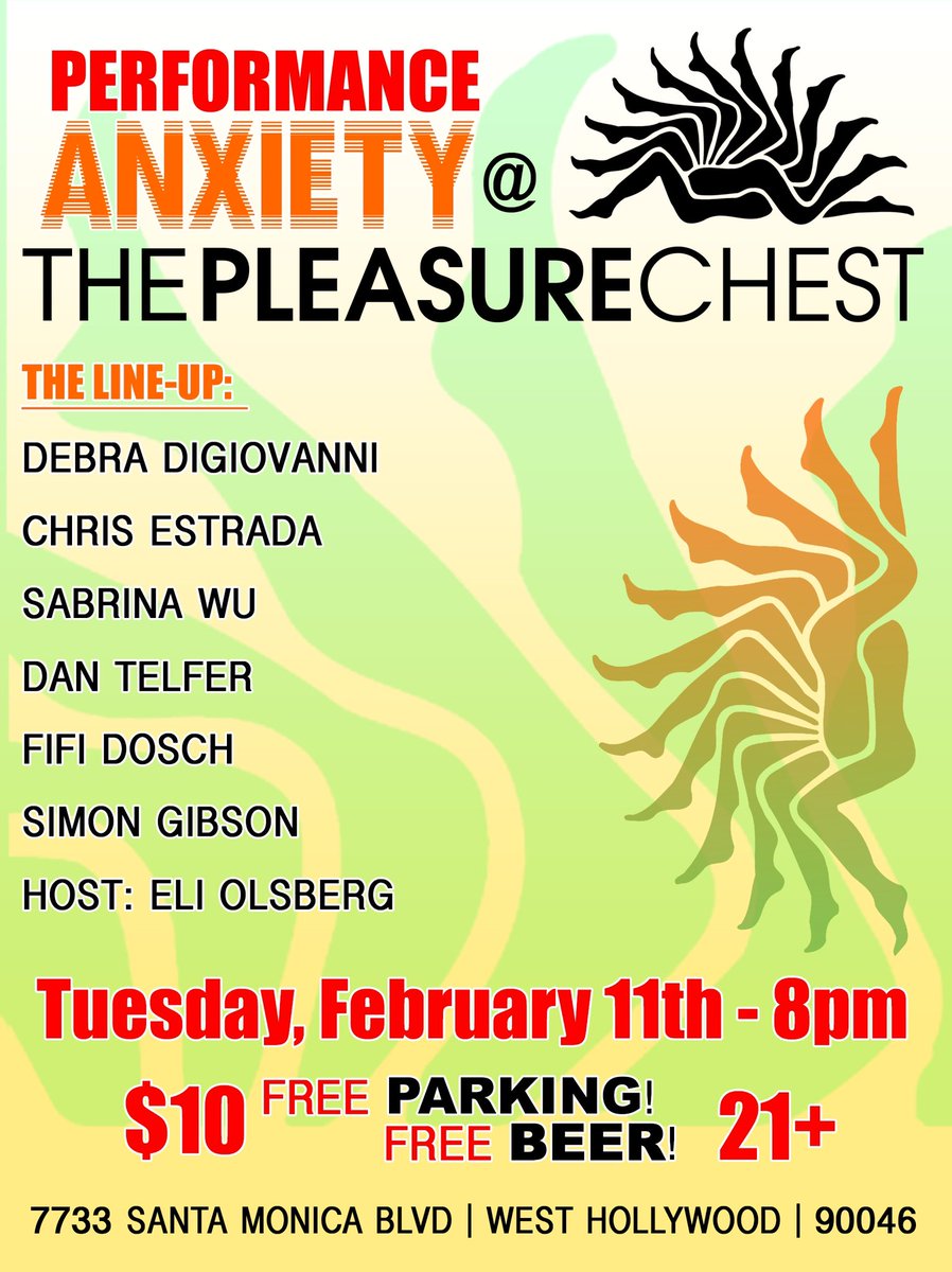 PerformAnxiety's tweet image. TUESDAY! Come to @PleasureChestLA 8pm to see Debra DiGiovanni, @ChrisEstrada85, @asabrinawu, Simon Gibson, Fifi Dosch, Dan Telfer, and @EliOlsberg Free beer, free parking, 15% off purchases! Get tix: thepleasurechest.com/performance-an…