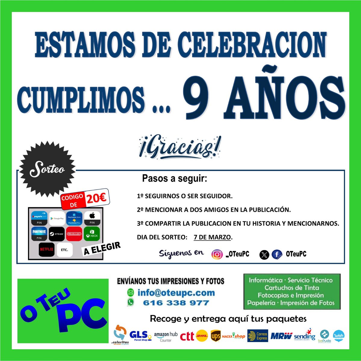 oteupc's tweet photo. Hoy es un día especial para nosotros, ya que gracias a todos vosotros cumplimos 9 años en la tienda. Gracias por hacerlo posible 🥰😘😘
Como agradecimiento, seguir los pasos de la imagen para participar en este pequeño sorteo.
#aniversario #tienda #sada #sorteo #oteupc #GH8F https://t.co/ASH0WMaUH6