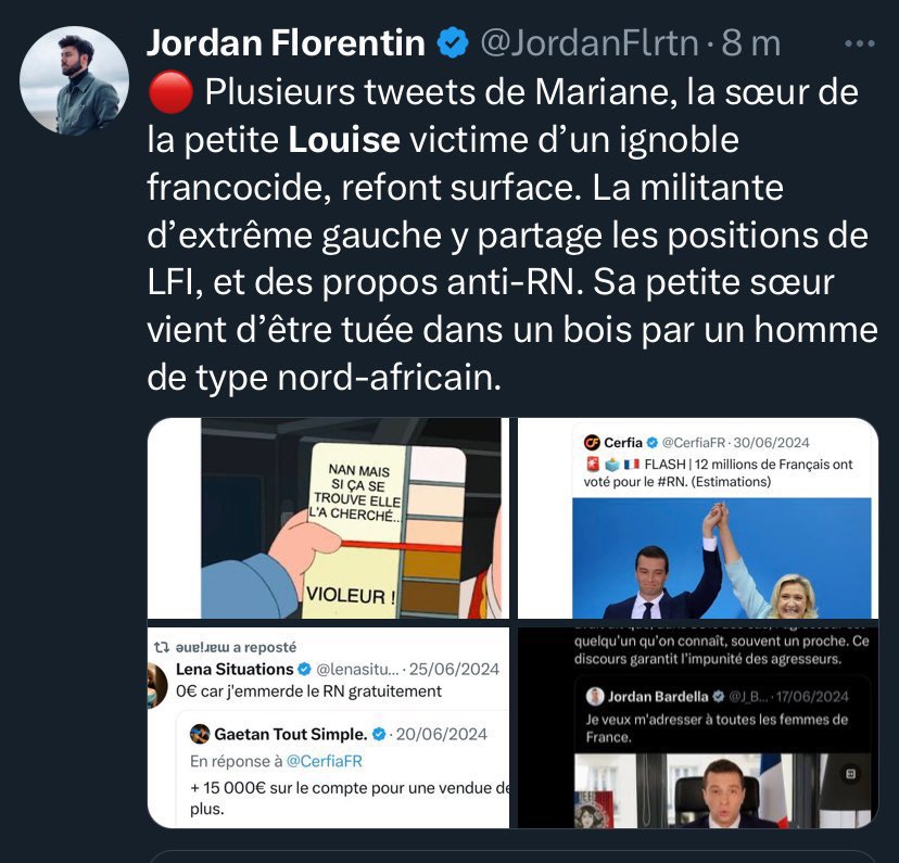 MathildePanot's tweet photo. L’instrumentalisation à vomir de l’extrême droite du meurtre d’une enfant. 

Jordan Florentin, celui qui avait un pass sanitaire au nom d’Adolf Hitler et qui harcèle pour le « média » Frontière, s’en prend à la famille de Louise. 

Pensées et affection à la famille. Et hommage à Louise et que justice soit faite.