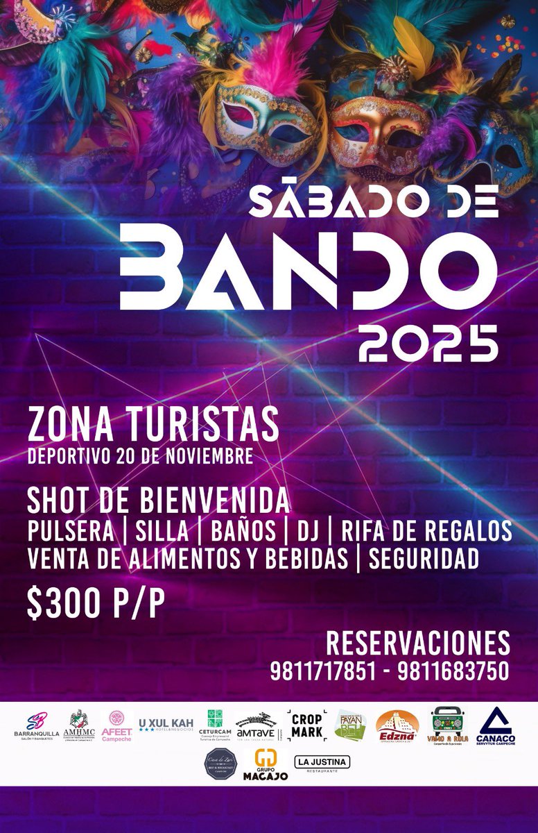 🎟️ ZONA TURISTA en el tradicional Sábado de Bando el 1ro de marzo EN #Campeche, a la altura del Deportivo 20 de Noviembre 📍 

🎉$300 por persona 
Incluye: 
SHOT DE BIENVENIDA • PULSERA •  SILLA • BAÑOS•  DJ • RIFA DE REGALOS • VENTA DE ALIMENTOS Y BEBIDAS • SEGURIDAD