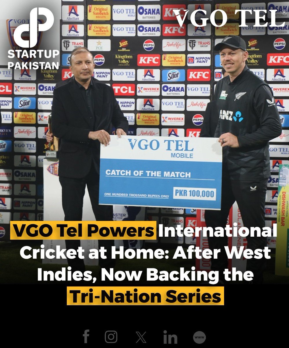 PakStartup's tweet photo. VGO Tel, a leading mobile phone brand in Pakistan, has further strengthened its longstanding relationship with cricket by becoming the Presenting Sponsor for the much-anticipated Tri-Nation Series featuring Pakistan, South Africa, and New Zealand. 

#VgotelPakistan https://t.co/UHFaX7D0Ml