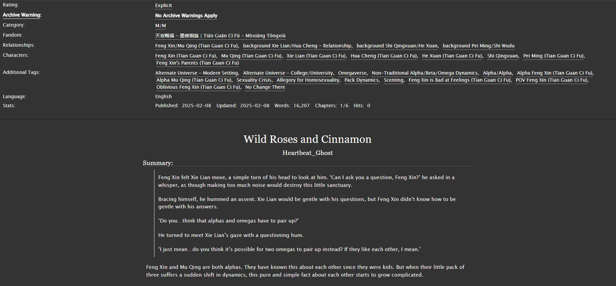 heartbeat_ghost's tweet photo. Wild Roses and Cinnamon | Chapter 1
☘️Chapter 1/6
☘️16.1k words
☘️Feng Xin/Mu Qing
☘️Modern AU/Omegaverse
☘️Non-traditional dynamics - Alpha/Alpha pairing
☘️They're at University
☘️Overt Allegory
☘️Link below! https://t.co/EUIPGteJDx