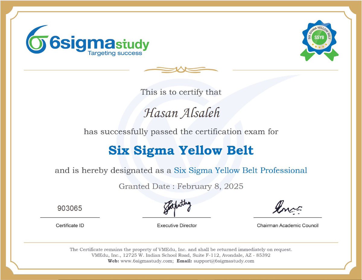 happy to share that I’ve obtained a new certification:

Six Sigma Yellow Belt (SSYB)