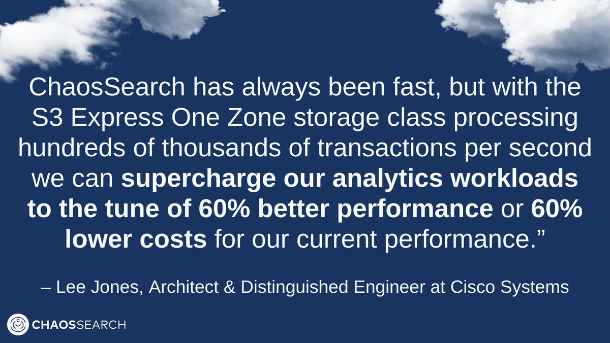 "With the S3 Express One Zone storage class processing hundreds of thousands of transactions per second we can supercharge our analytics workloads to the tune of 60% better performance or 60% lower costs for our current performance."

Start a free trial: bit.ly/3ezKBqy