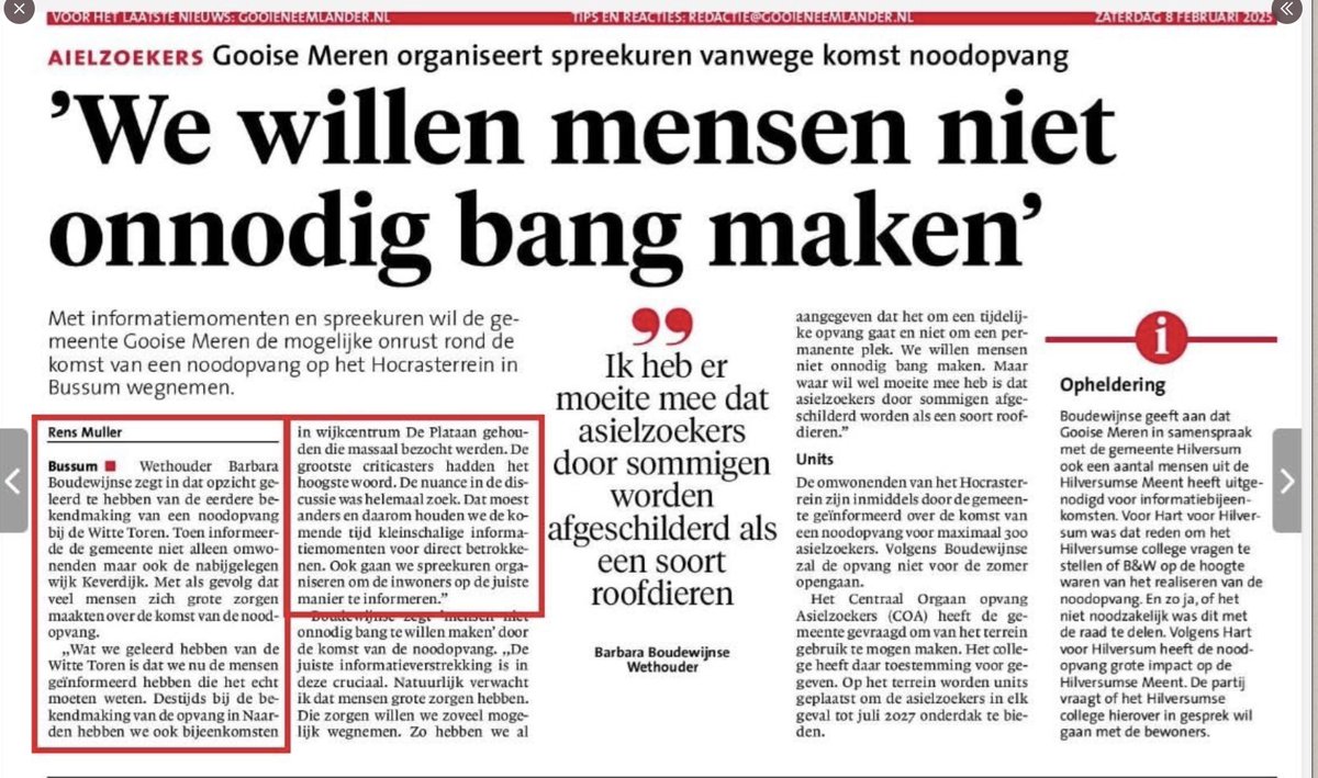 Dit is extreem zeg. Wethouder Barbara Boudewijnse van <a href="/groenlinks/">GroenLinks</a> in <a href="/RaadGooiseMeren/">Raad Gooise Meren</a> wil mensen niet "bang maken". Dus informeert ze bijna niemand over de komst van een AZC. Werkelijk schofterig.  Er staat bijna letterlijk. We wilden geen gezeik, zoals bij de Witte Toren, dus