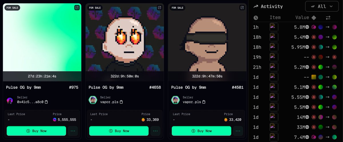 Pulse OG floor price update ‼️

The POG for 5.8M PLS got swept 🧹

The seller immediately bought more 9MM 🔫
Love to see it 💪

A new POG was floored on Mintra for 5.5M PLS