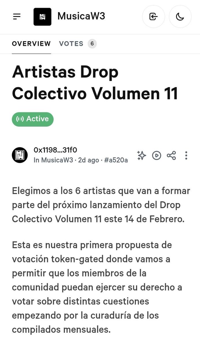 Musica_W3's tweet photo. Atención a todos!⚠️

Estamos estrenando nuestro @SnapshotLabs de la comunidad votando por las canciones que van a participar de nuestro nuevo drop colectivo de este mes! ❤️

Tienes poder de voto? Ahora tu eres el curador! 👇 https://t.co/2hVOOQK1L4