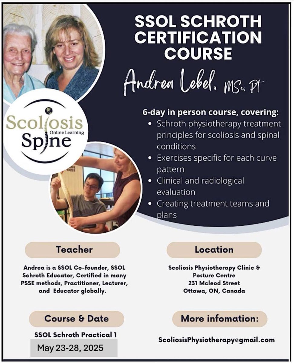 Schroth Course May23-28 Ottawa Canada. Whatsup: 613-795-2144 
#scoliosis #scoliosistreatment #scoliosistherapy #scoliosiseducation #schrothmethod #schrotheducation #scoliosisawareness #scoliosisstrong #physiotherapy #physiocourse
#SOSORT  #PSSE #scoliosissupport  #ssolglobal