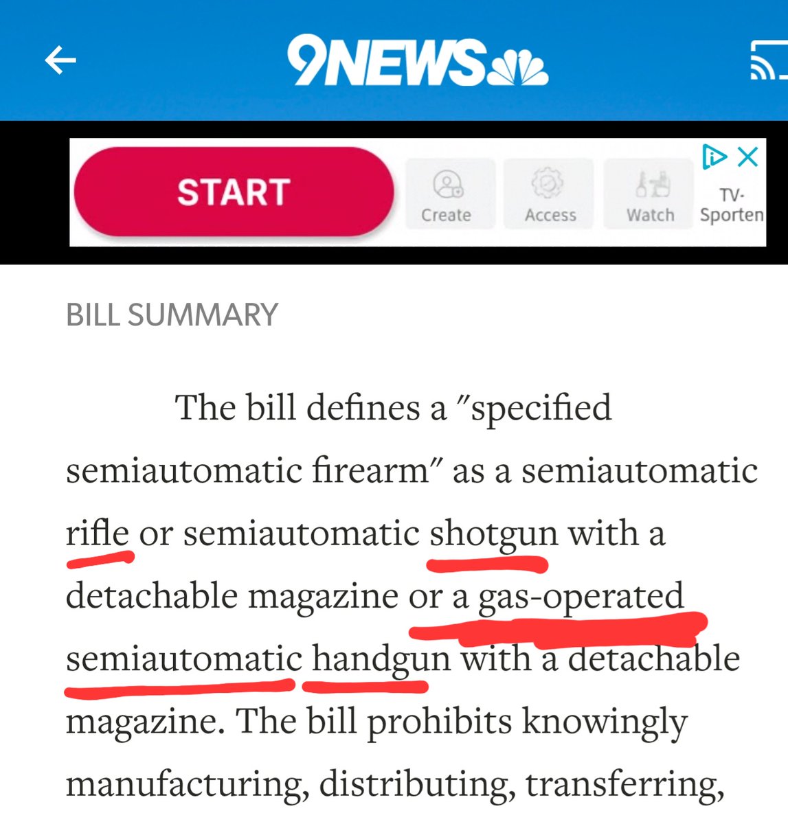 Tobraham's tweet photo. @KyleClark @9NEWS
Your story on the new banned semiauto guns bill is inaccurate, as were the exaggerated comments from the gun store you featured in your story. The bill clearly states it only applies to "gas-powered" pistols, which eliminates most standard pistols. https://t.co/UJPm5yhfyW