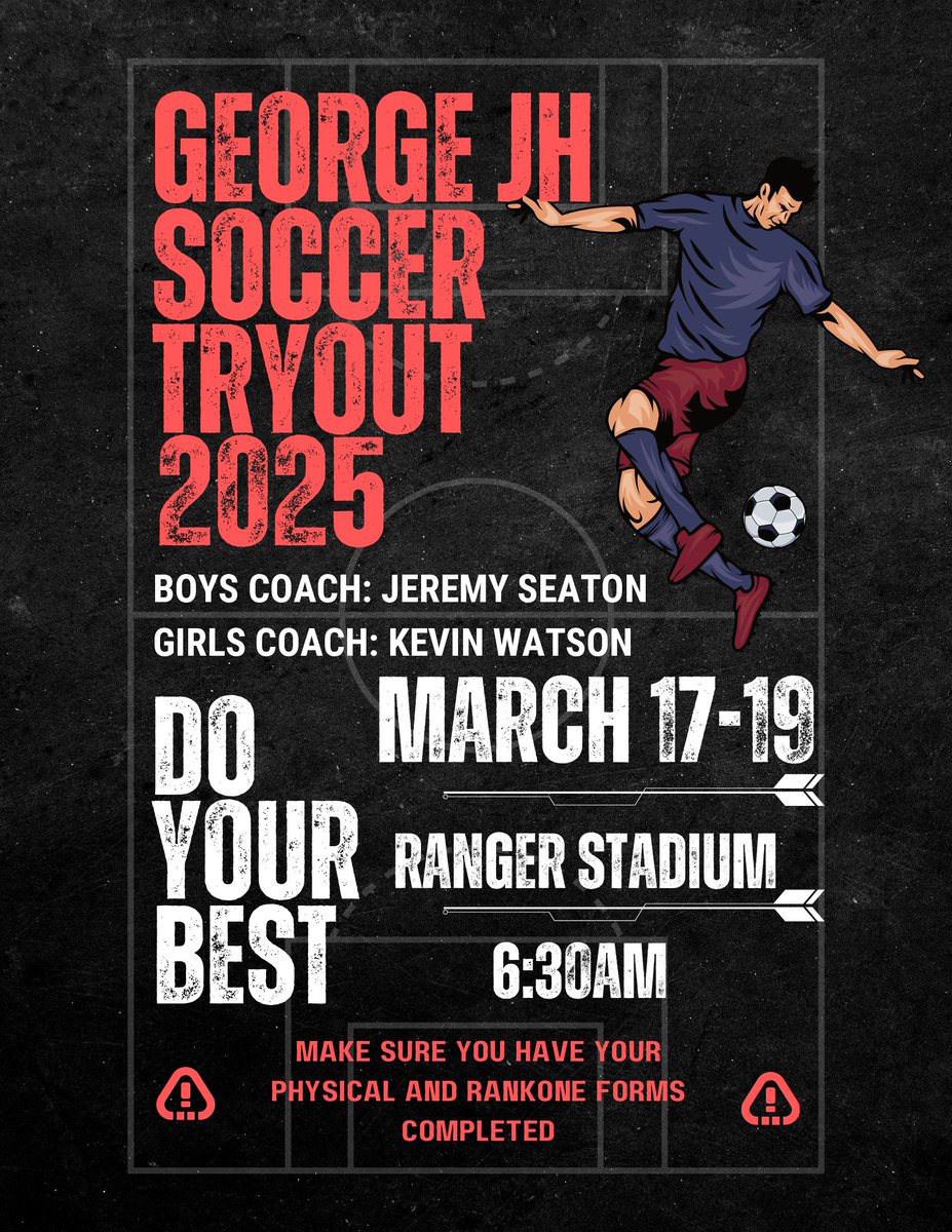Calling all Rangers! We will be having Soccer tryouts March 17th-19th. Please see the attached flyer for more information. #RangerPride